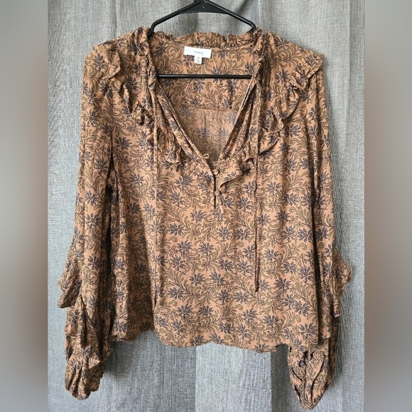 A Love A Brown Floral Ruffle Blouse Long Sleeve V Neck XS Boho - Picture 1 of 5